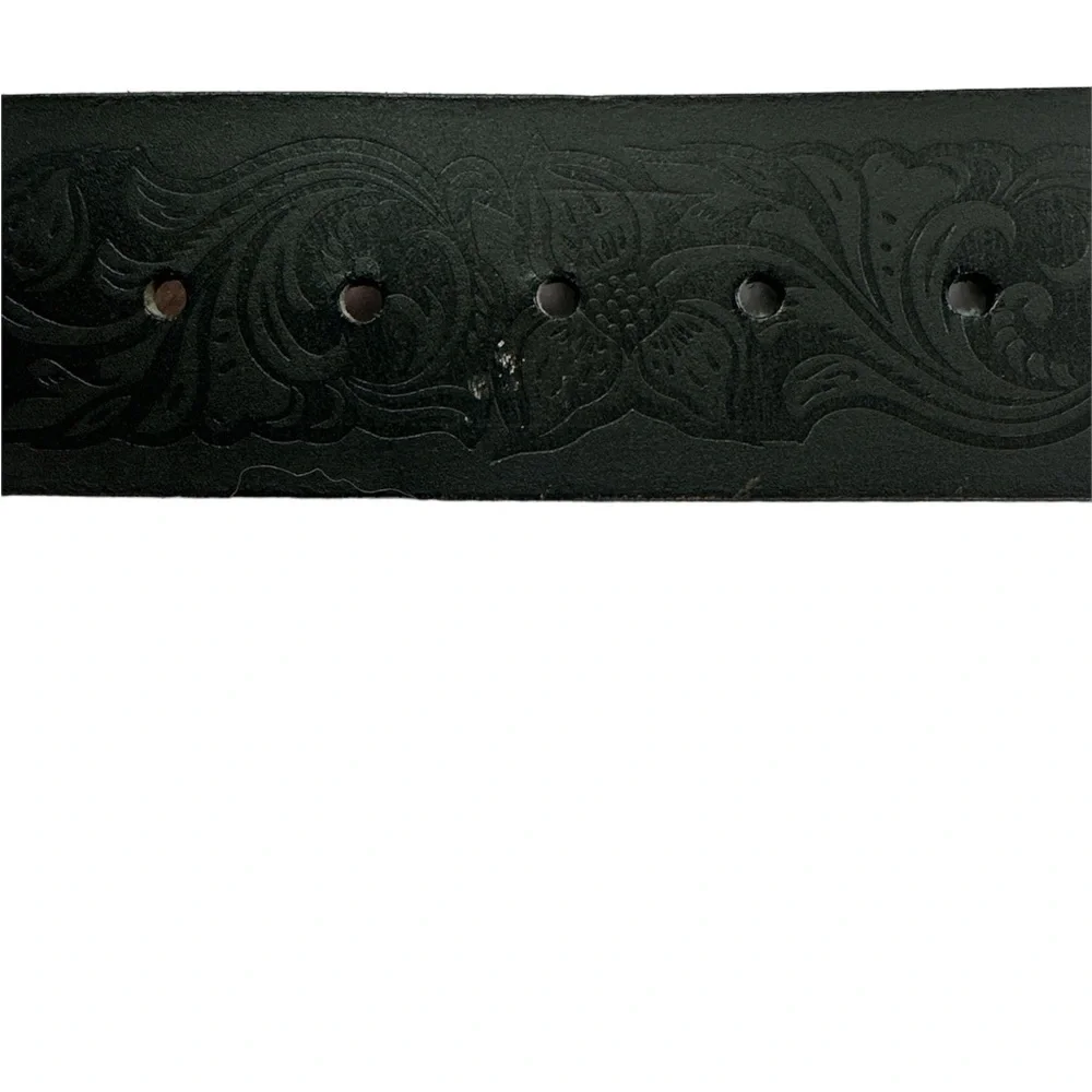 Genuine Leather Women’s Black Embossed Floral Silver Buckle Belt Medium